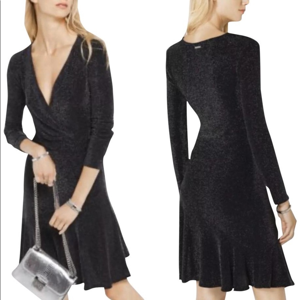 MICHAEL KORS LONG SLEEVE METALLIC WRAP DRESS BLACK - PERFECT FOR NYE!